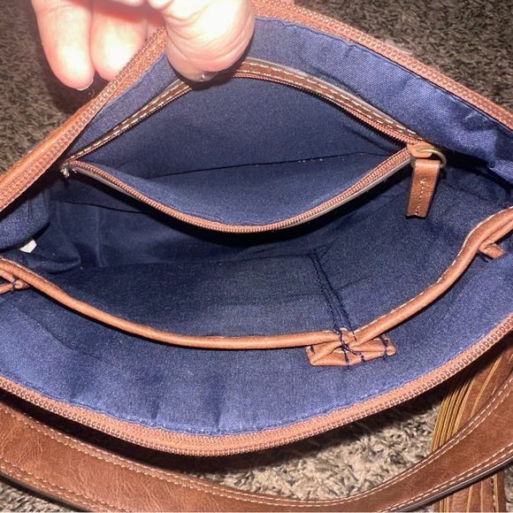 Chaps Brown and Red Shoulder Bag with Leather Accents - Picture 10 of 11